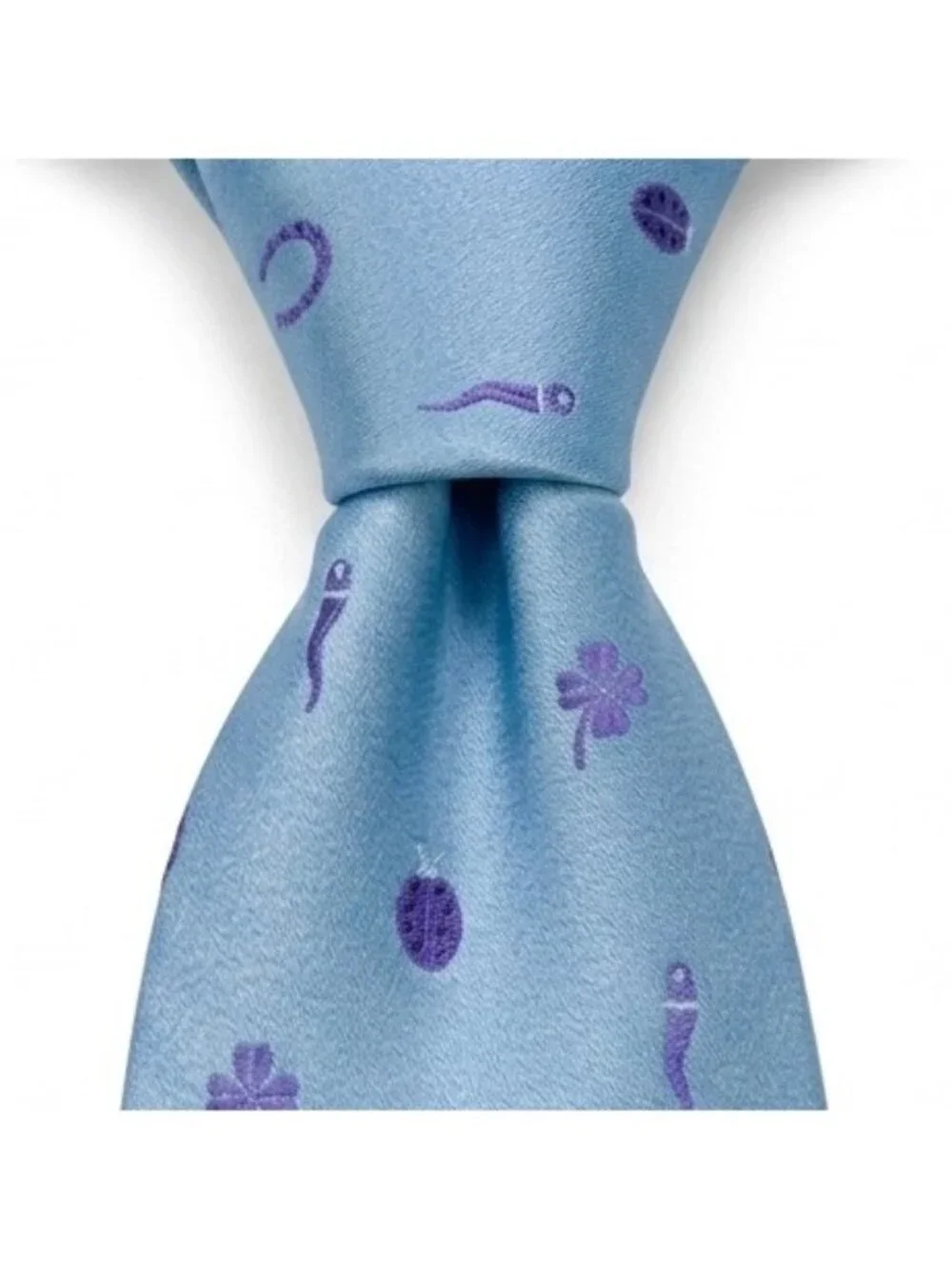 Moschino NWT Light Blue Silk Tie With Ladybug Clover & Horseshoe Pattern